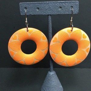 Dangle Pierced Earrings Wooden Hoop Ring Orange Flower Hearts Silver Retro BoHo